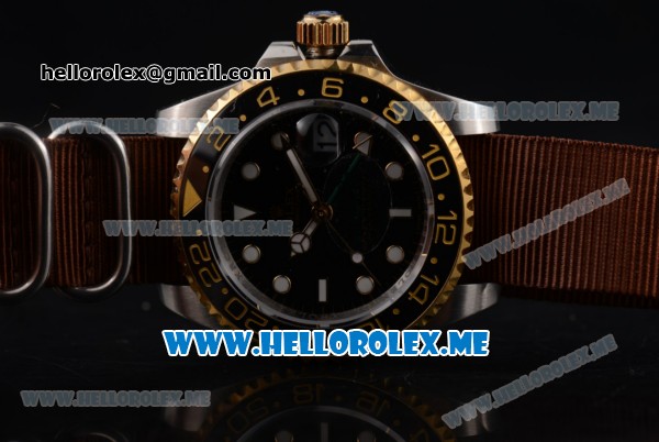 Rolex GMT-Master II Asia 2813 Automatic Steel Case with Black Dial and Brown Nylon Strap Dot Markers - Click Image to Close